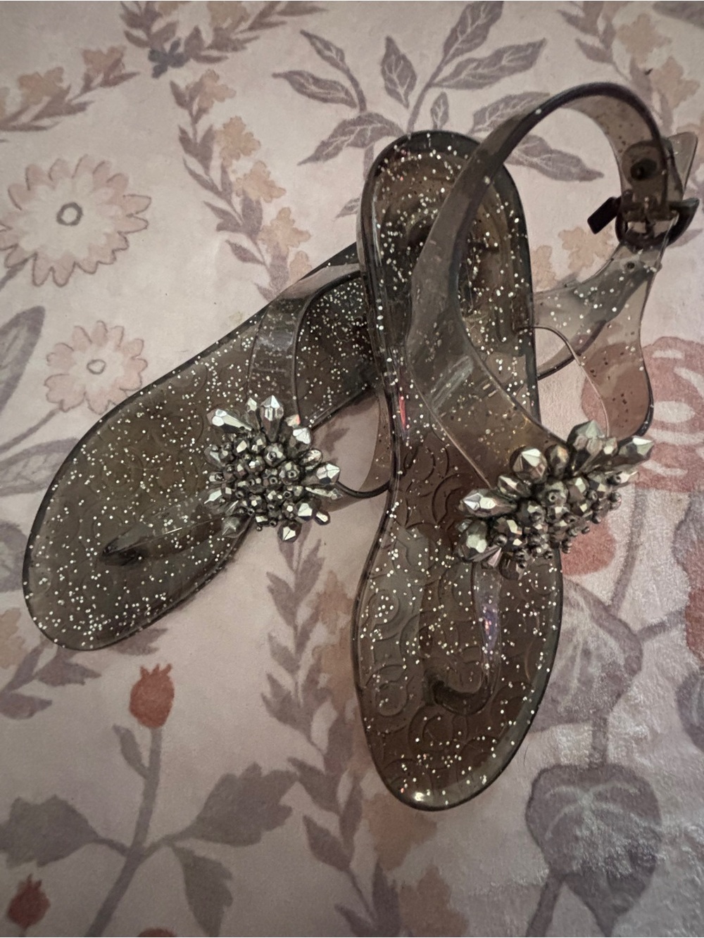 Coach Clear Smoke Jelly Thong Sandals with Silver Jewel Accent - Picture 2 of 5